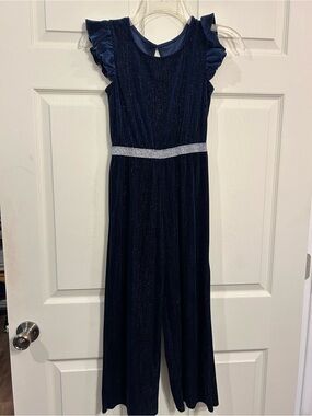 Girls Navy Blue Sparkle Jumpsuit with Silver Waist